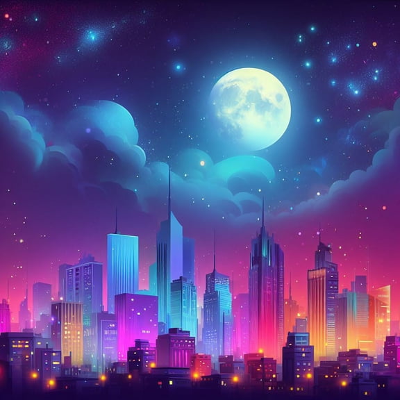 Magical City Night Illustration II - 12" x 18" Art Print Wall Decor