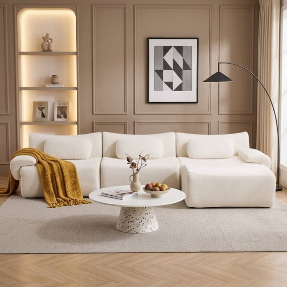 118" Modular Cloud Sectional Sofa with Ottoman, Curved Modern Couch with Deep Seat, Compression Fabric Sectional Sofa for Living Room, Beige