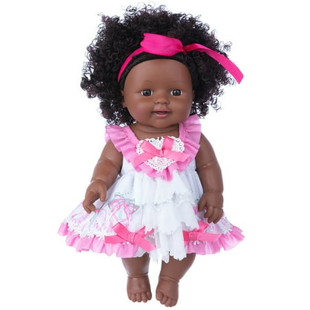 

New Realistic Black Skin African Black Baby Cute Curly Hair Lace Skirt 12 INCH Vinyl Baby Toy Kids Birthday Gift Festival Present