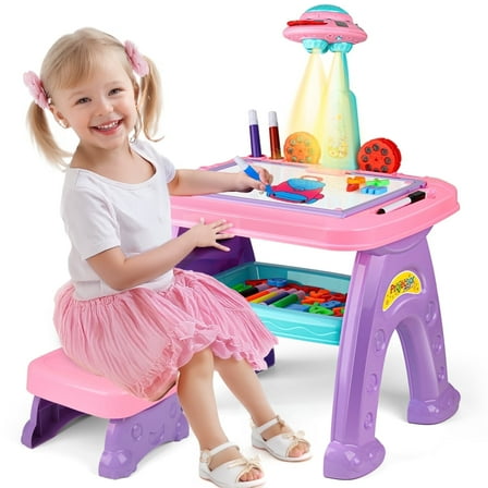 Flooyes Drawing Study Projector table for Kids, Learning Projector table Toys for Ages 3 4 5 6 7 8 Year Old Girl Birthday Gifts Pink