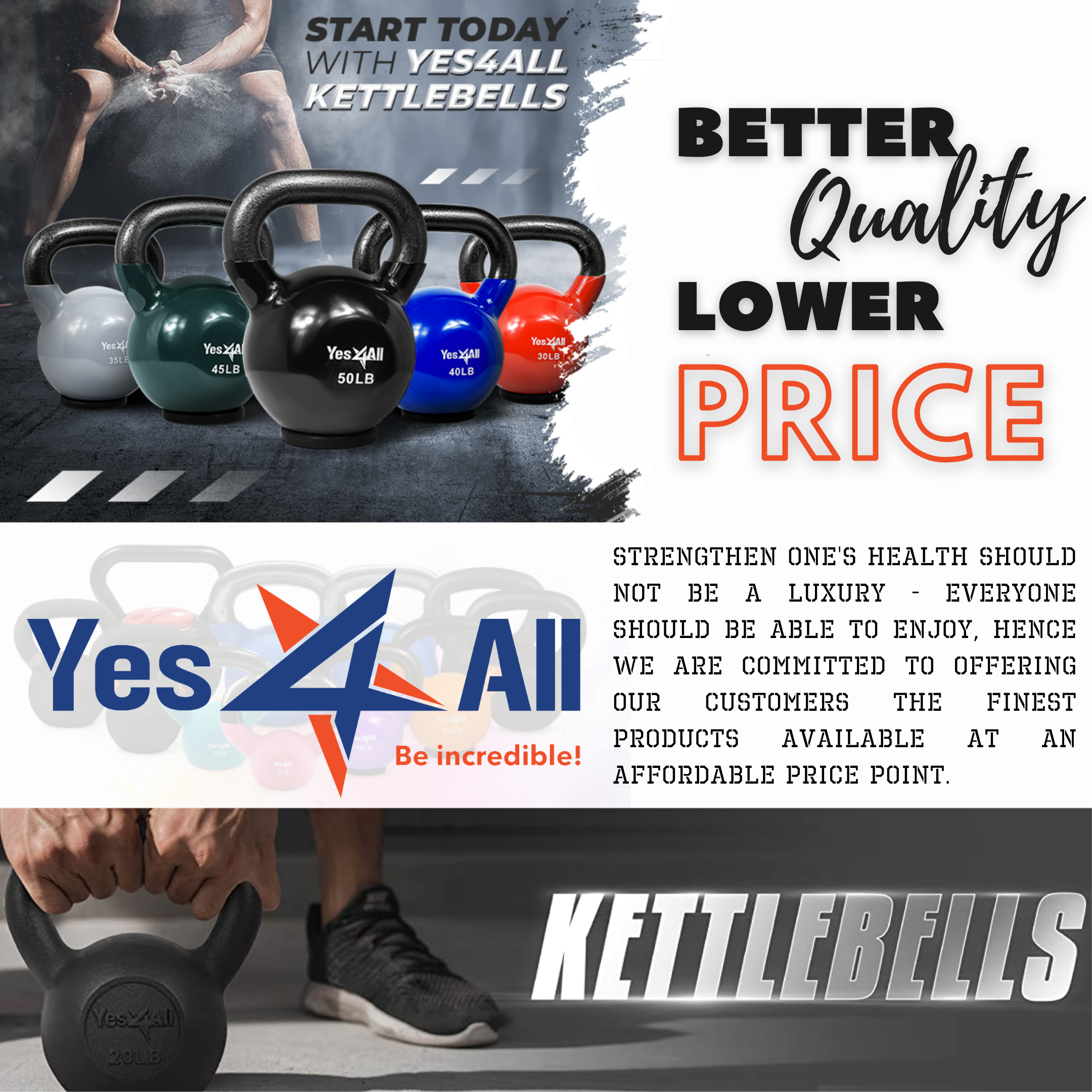 Yes4All 40kg / 88lb Powder Coated Kettlebell, Single - image 3 of 9