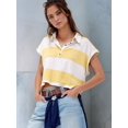 thumbnail image 4 of Womens Striped Short Sleeve V Neck Button Down Color Block Loose Pullover Tops Light Yellow M, 4 of 7