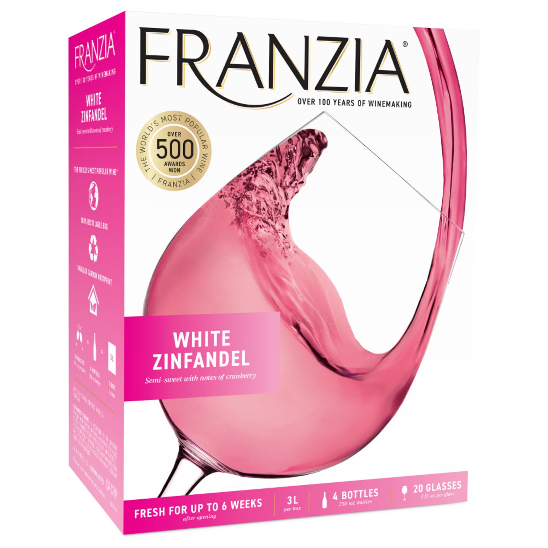 Franzia White Zinfandel Zinfandel Rose Wine, 3 L Bag in Box, 11% ABV