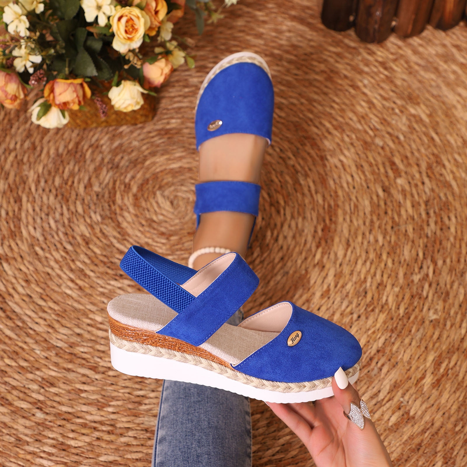 Huowey Women's Sandals Closed Toe Espadrille Wedge Sandals Elastic Back Strap Suede Platform On Comfort Walking Shoes Non Summer Casual Beach Footwear,Blue,7.5