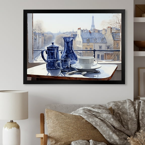 Designart "Outlook of Urban Parisian Charm in Grey" Cityscapes Framed Wall Art Decor - Industrial Blue Paris Entryway Framed Wall Art Print
