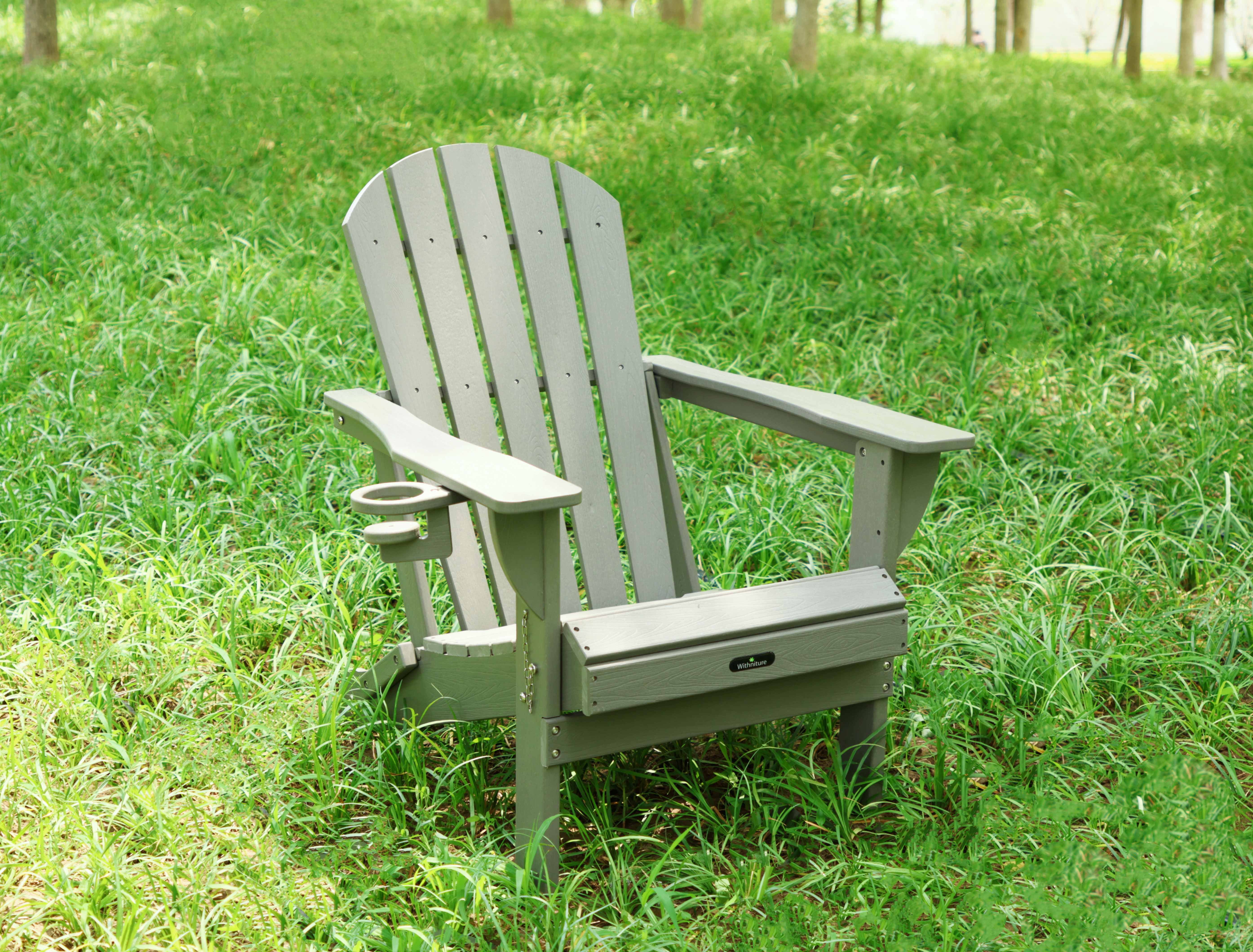 Withniture Folding Adirondack Chair, All-Weather HDPE Patio Chair with Cup Holder, Fire Pit Chair for Patio Lawn Garden Backyard Deck,Grey
