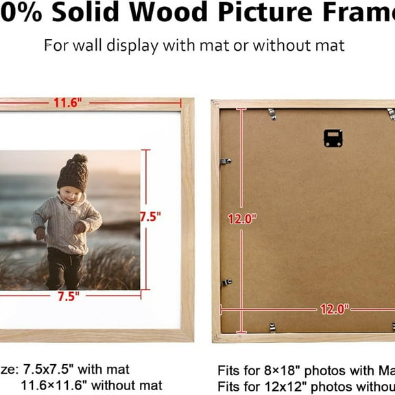 12x12 Picture Frame, Natural Square Solid Wood Frames for Pictures 8x8 with Mat or 12x12 without Mat, Wall Display Photo Frames Natural Wood 4 Pack
