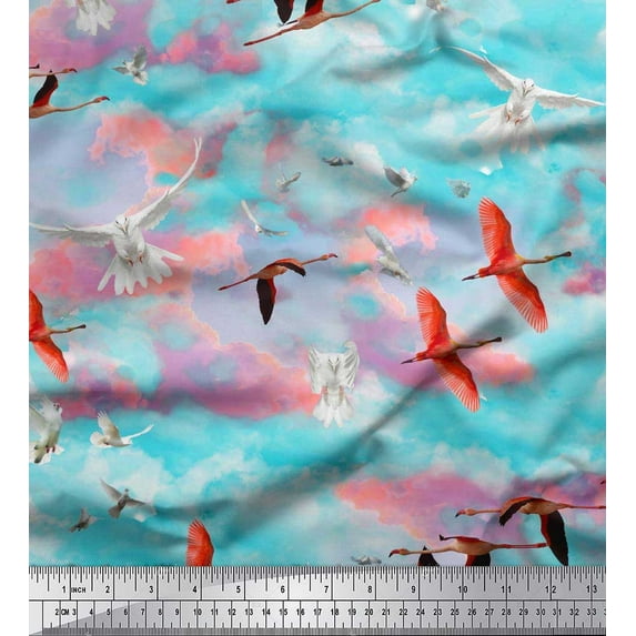 Soimoi Cotton Voile Fabric Flying Stork & Dove Bird Print Fabric by Yard 56 Inch Wide