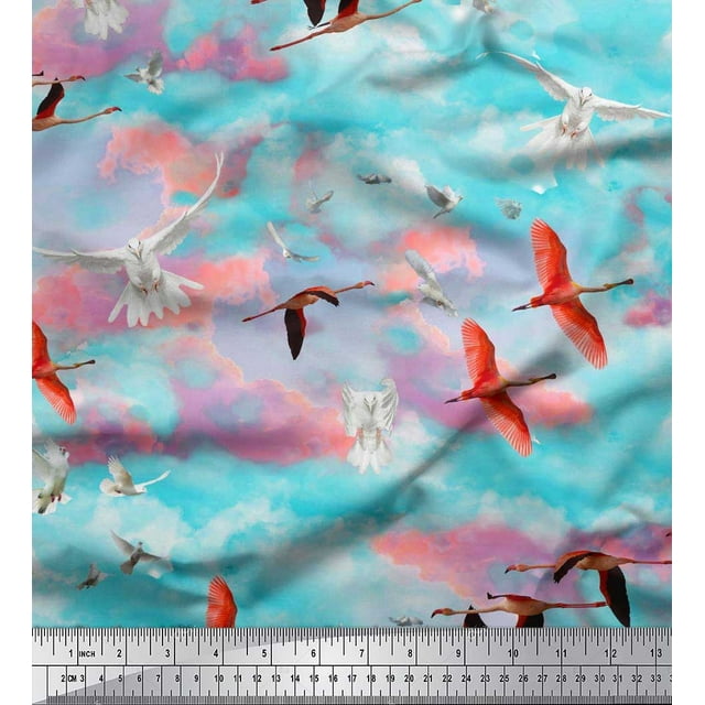 Soimoi Rayon Fabric Flying Stork & Dove Bird Printed Fabric 1 Yard 56 Inch Wide