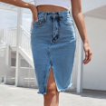 thumbnail image 4 of Women's Front Slit Blue Denim Skirt Pockets High Waist Slim Zipper Fly Midi Skirts Spring Female Casual Streetwear, 4 of 8