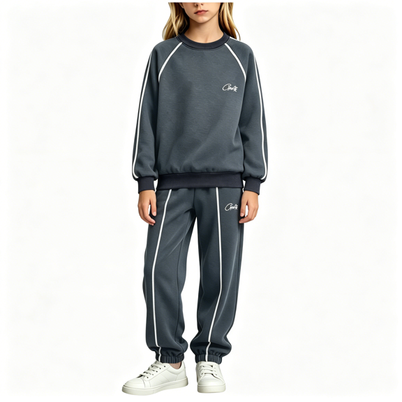 BCSIOAOI Girls 2 Piece Outfit,Raglan Sleeve Crew Neck Striped Sweatshirt and Jogger Pants Set Dark Gray 5-6 Years