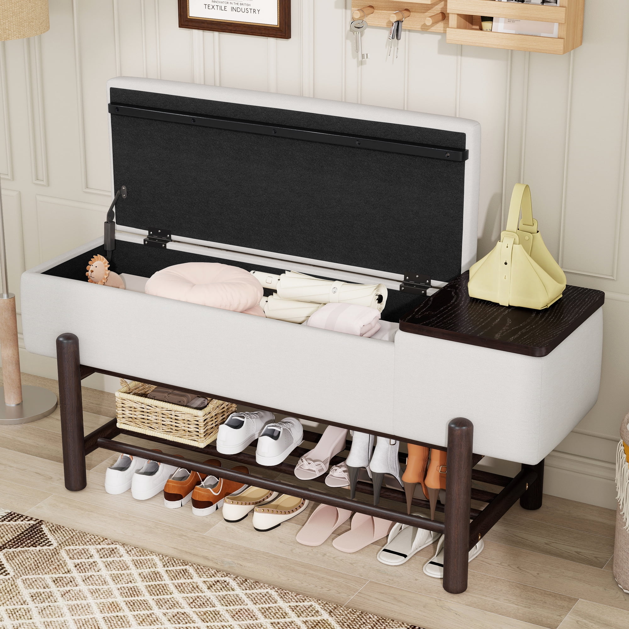 Euroco Farmhouse Upholstered Storage Bench with Hidden Compartment, Modern Entryway Bench for Living Room, Entryway, and Hallways (Espresso)