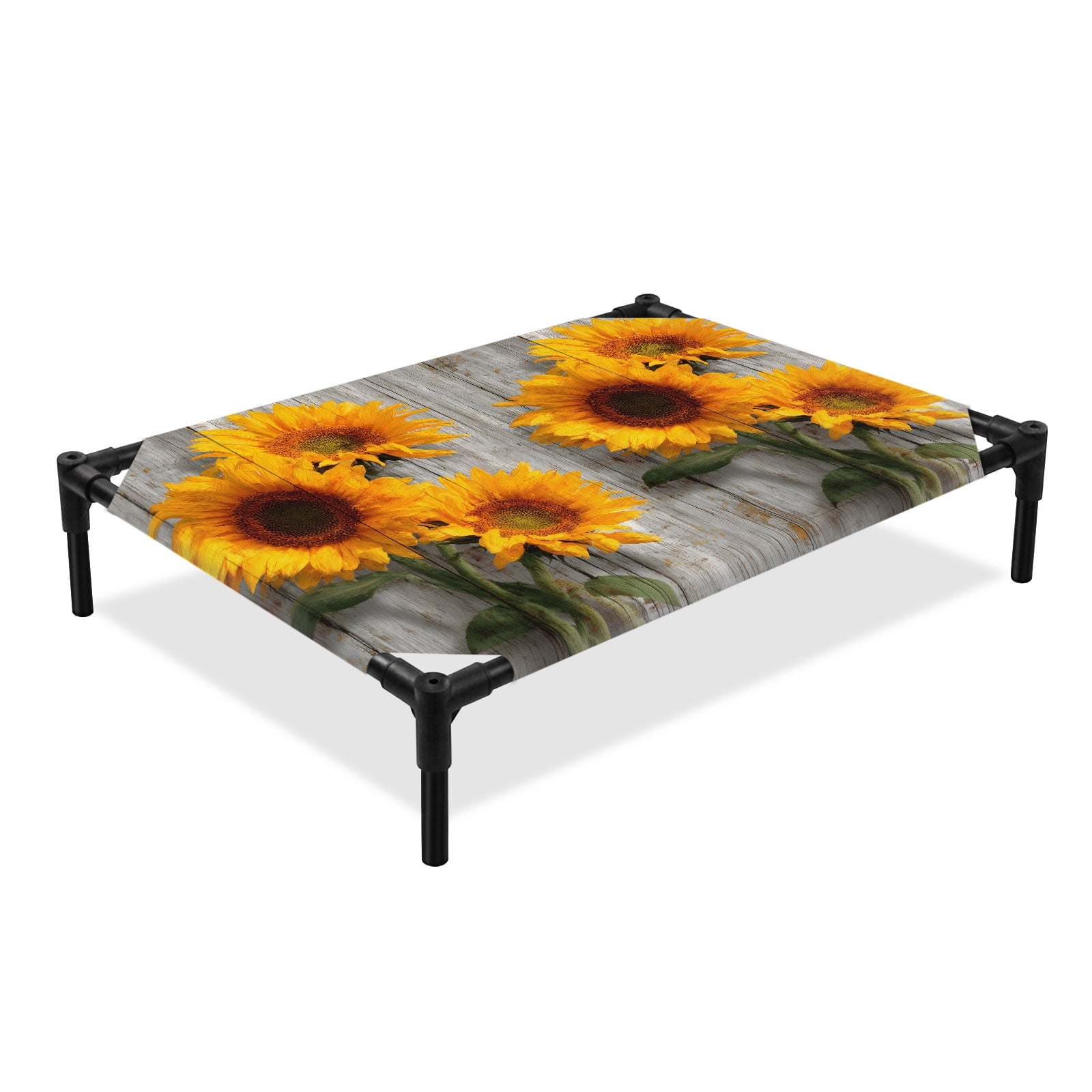 Sunflowers Elevated Dog Bed Flowers Vertical Wood Farmhouse Rustic Cooling Breathable Outdoor Raised Dog Cot Bed with Metal Frame Non-Slip Feet for Large Dog 28x22in