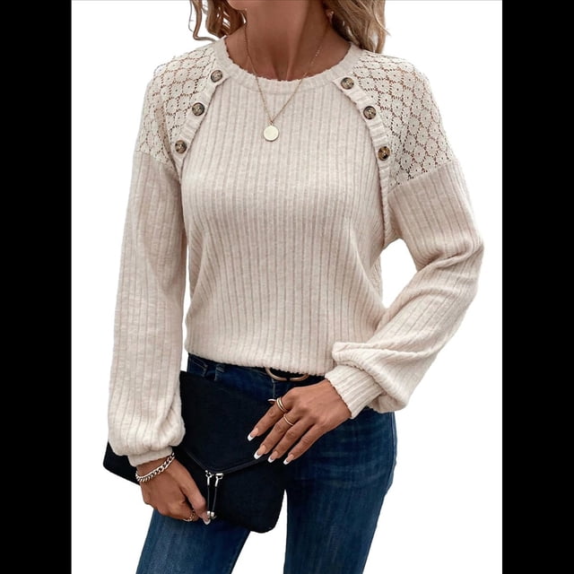 Blusas Tipo Túnica para Mujer, Cuello Redondo, Elegantes, con Encaje y Retazos, Blusas Informales, Suéteres. Albaricoque XL