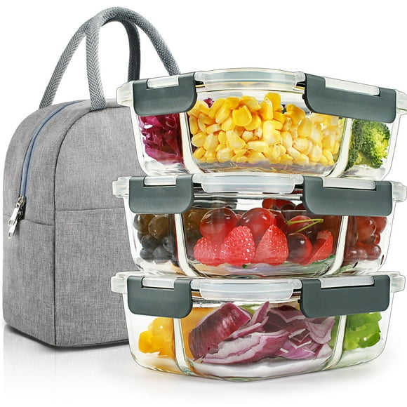 DAS TRUST 3 Pack 36oz Bento Box Meal Prep Containers - 3 Compartment Glass Food Storage Containers with Lids - Meal Prep Bowls - Lunch Box - Microwave Safe