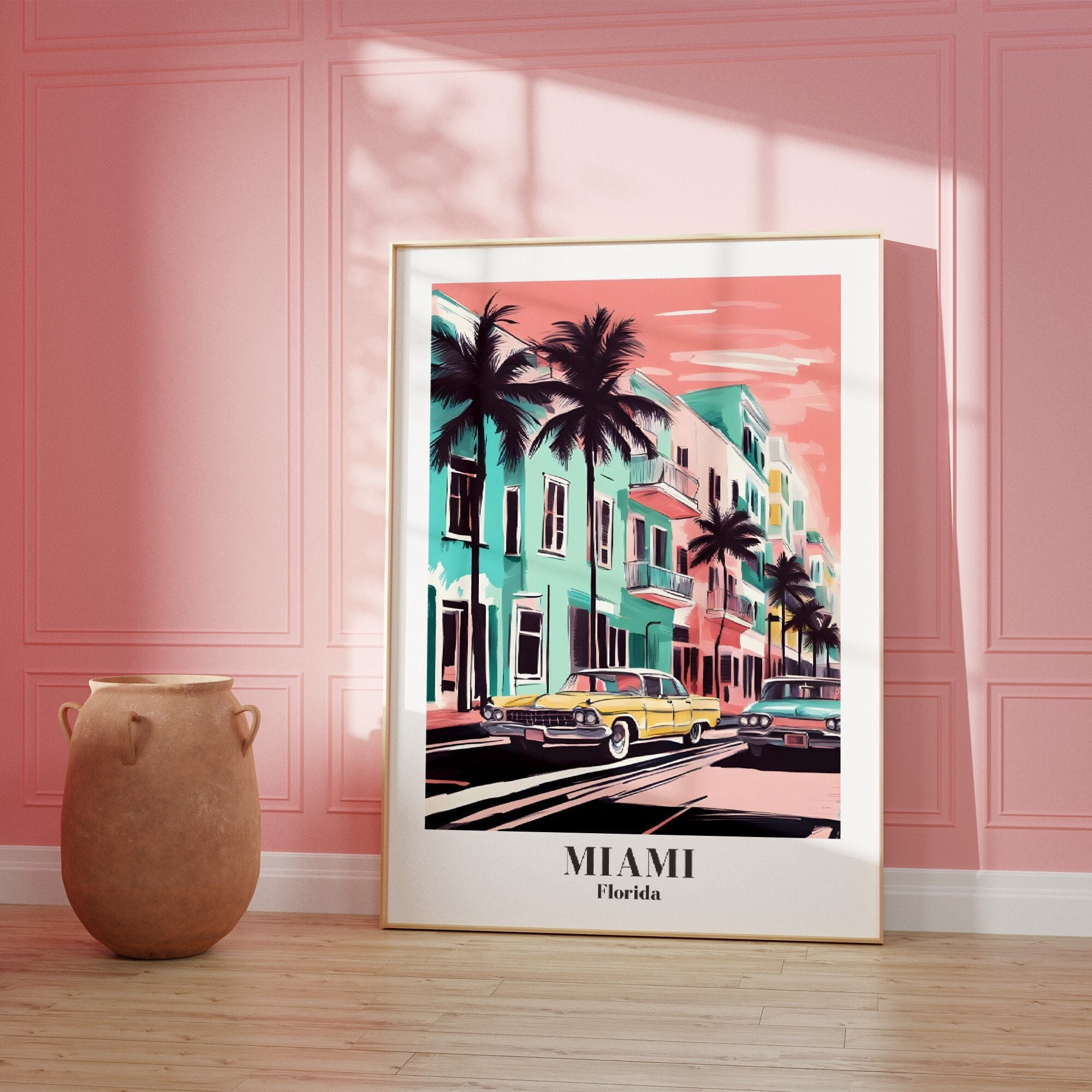 Miami City Travel Print Pastel Pink Miami Travel Print Trendy Wall Print Blue Miami Poster Gift For Partner