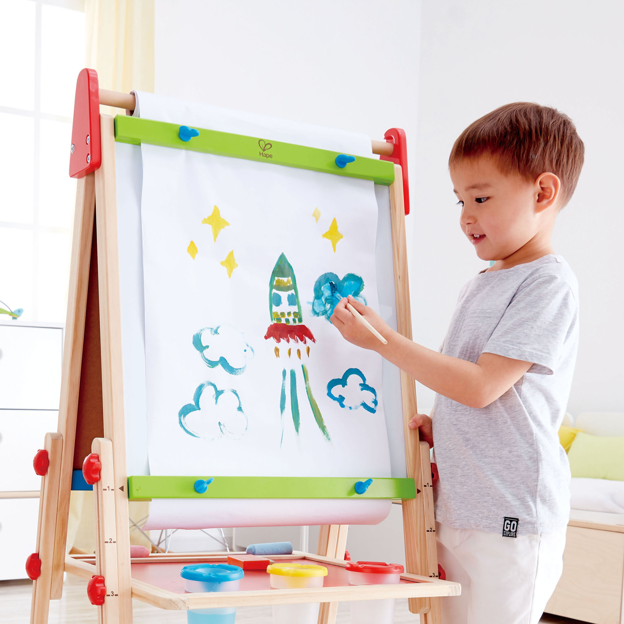 Hape All-in-One Double-Sided Art Easel w/ Paper Roll & Accessories, Blackboard & Magnetic Whiteboard - image 5 of 6