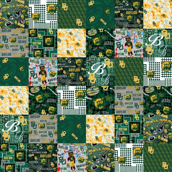 Official Licensed Baylor University Cheater Quilt Printed Cotton Fabric-Baylor Bears Cotton Fabric with Patchwork Cheater Quilt Print-60Â” Width