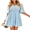 thumbnail image 2 of Femmes Midi Robe Manches Courtes V Cou Jacquard Solide Robe d'Été, 2 of 9