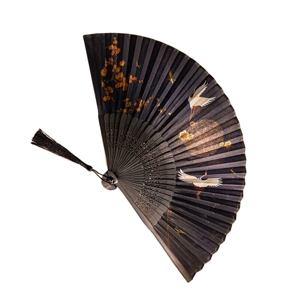 Acahhotxx Folding Fan, Chinese Elegant Folding Fan with Cranes Pattern Ancient Styles Performances Wood and Fabric Handheld Fan with Tassels