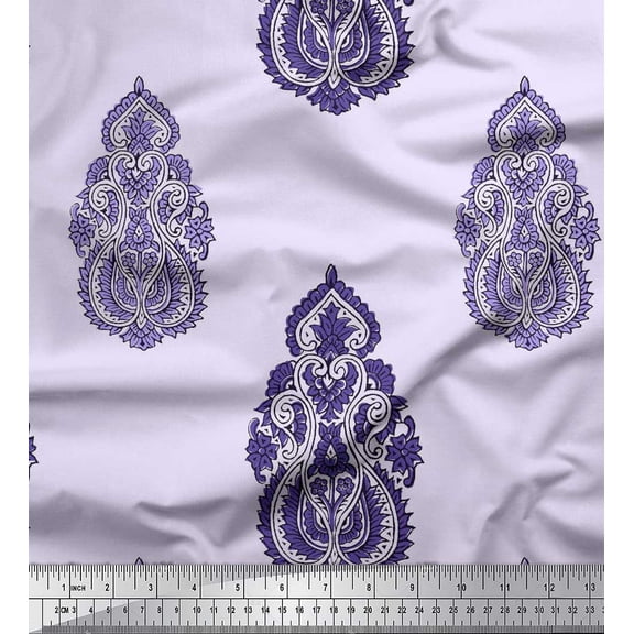 Soimoi Silk Fabric Floral & Paisley Block Printed Fabric 1 Yard 42 Inch Wide