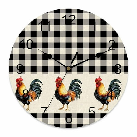 Wall Clock Rooster Clocks PVC Silent Non-Ticking Battery Operated Decorative Farm Animal Black Plaid Linen Round Clock for Home Living Room Kitchen Bedroom Office School Wall Decor 10 Inch