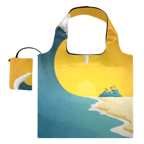 Large Capacity Print Tote Bag,Lightweight Portable Foldable Shopping Bag A Huge Ocean Waves and Sand