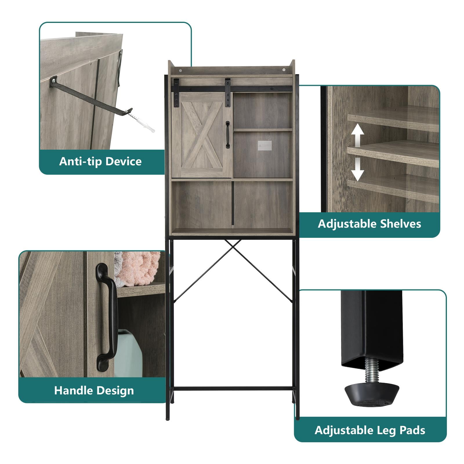 Ktaxon 3-Shelf Over The Toilet Bathroom Storage Cabinet and Shelf with Sliding Barn Door, Retro Gray