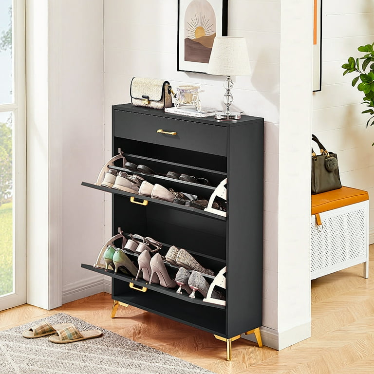 Free Standing Shoe Cabinet Wooden Shoe Storage Cabinet with 2 Flip Drawers Slide Drawer and Metal Legs Modern Slim Narrow Shoe Organizer Rack for Entryway Hallway Black Walmart