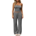thumbnail image 3 of VBVC Women's Striped 2 Piece Outfit, Strapless Bandeau Tube Top and Wide Leg Pants Set, Summer Casual Lounge Wear with Pockets,Black,S-2XL, 3 of 7