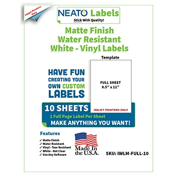 Printable Matte Vinyl Sticker Paper - White Full Sheet Label - Weather Resistant - for Inkjet Printers Only- 10 Premium 8.5 x 11 Inch Sheets - by ...