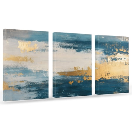 Absstract Color Block Canvas Wall Art 3 Panels, Gold Blue Gradient Art Framed Wall Decor Modern Artwork Prints Painting for Living Room, Bedroom, Kitchen & Cafe Decor 12" x 16"