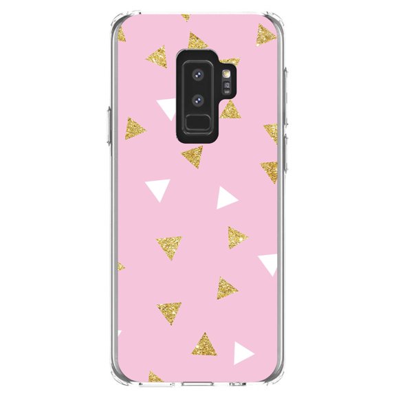 DistinctInk Clear Shockproof Hybrid Case for Samsung Galaxy S9  PLUS (6.2" Screen) - TPU Bumper, Acrylic Back, Tempered Glass Screen Protector - Pink & Gold Print - Triangles Pattern