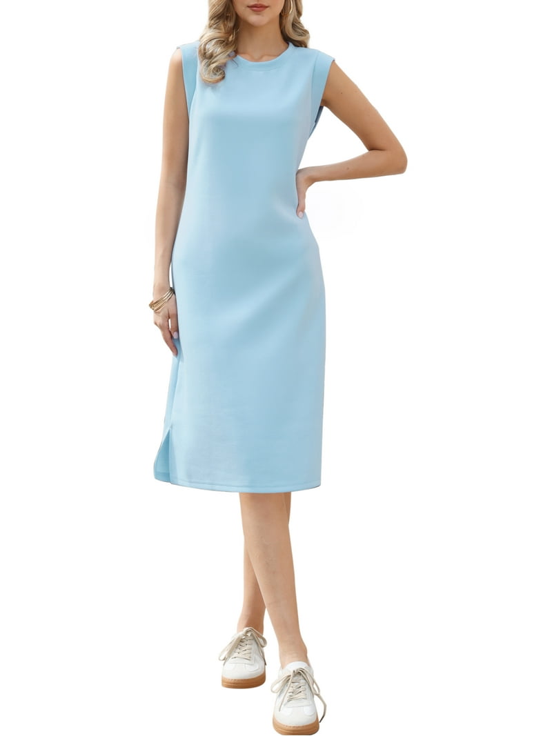 INSPIRE CHIC Cap Sleeve Work Dress for Women's Summer Midi Round Neck Casual Split Hem Dresses XL Light Blue