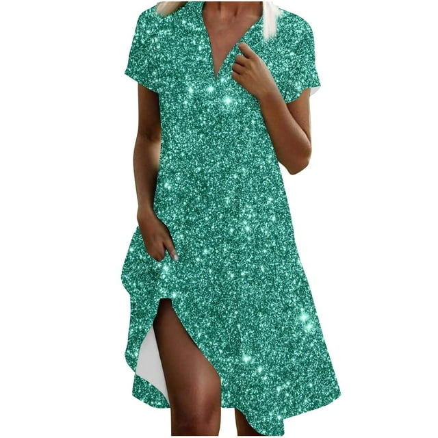 Vestido Corto de Manga Larga para Mujeres Brillante Impresión Cuello en V Suelto Cómodo, Vestido de Moda de Malla para Fiesta Y Ocasional