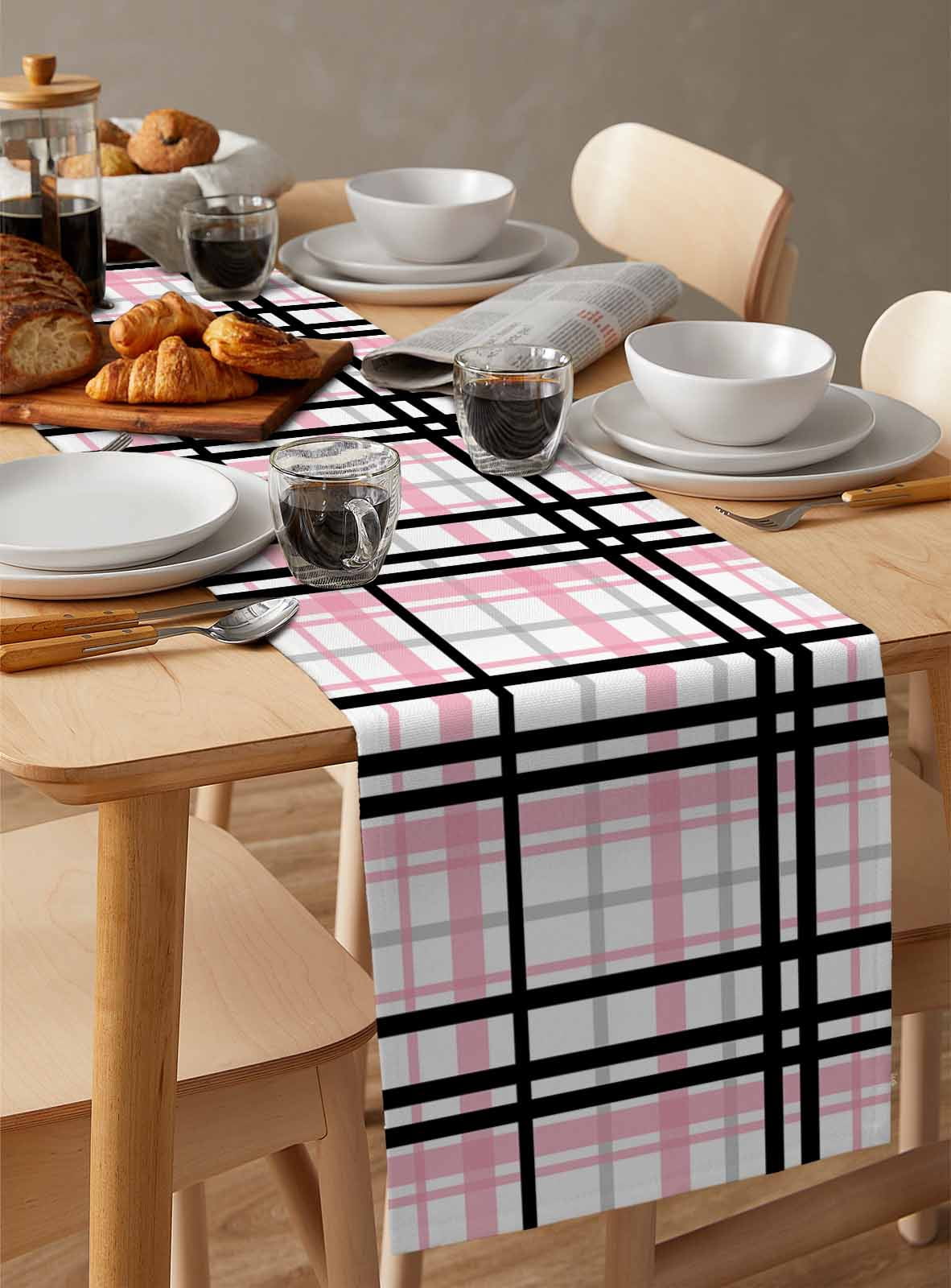 Ldtrchee Pink Black Plaid Table Runner 108 Inches, Farmhouse Pink Black Checkered Bed Runner Dresser Scarves Tabletop for Indoor Outdoor Parties/Ceremony/Banquet, 13"x 108"