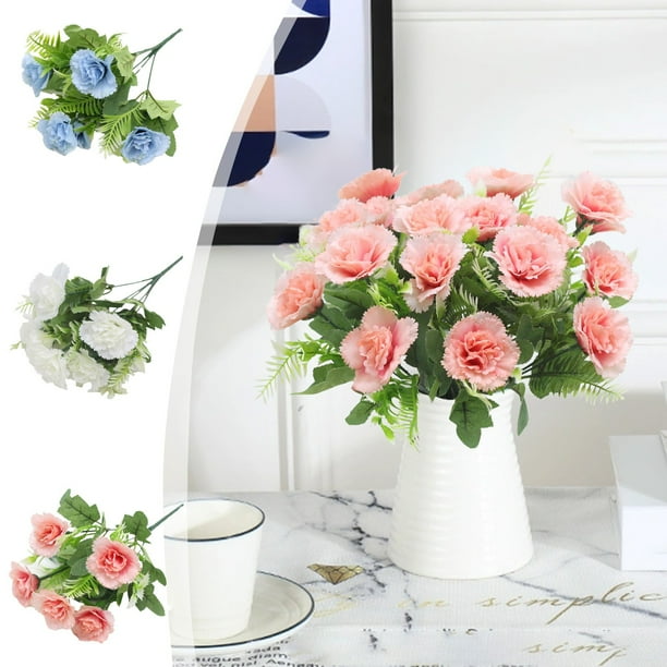 Ramo de flores de seda - 5 claveles artificiales para centros de mesa de boda, decoración del hogar, decoraciones de fiesta en rosa, azul y blanco