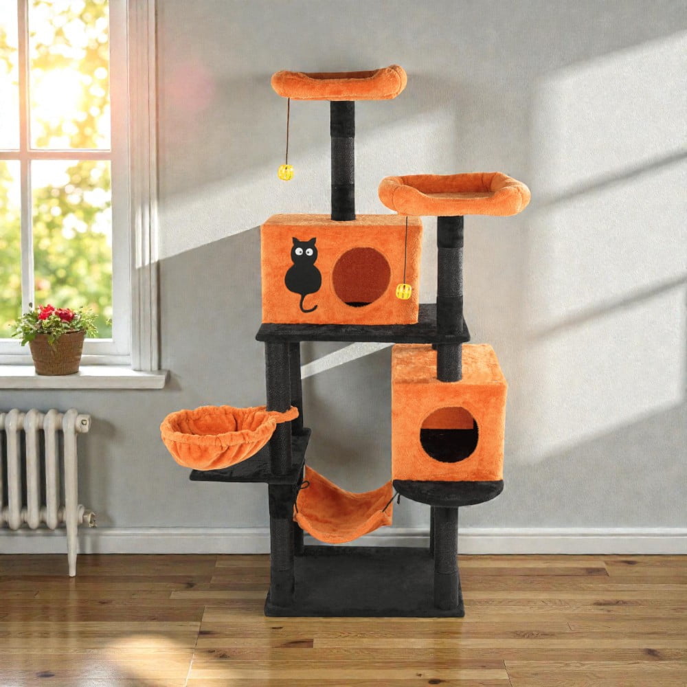 Tcbosik Halloween Cat Tree, 61" Cat Tower with Cat Condos, Padded Perches and Hammocks, Multi-Level Cat Activities Furniture with Scratching Posts and Hanging Balls, Orange & Black