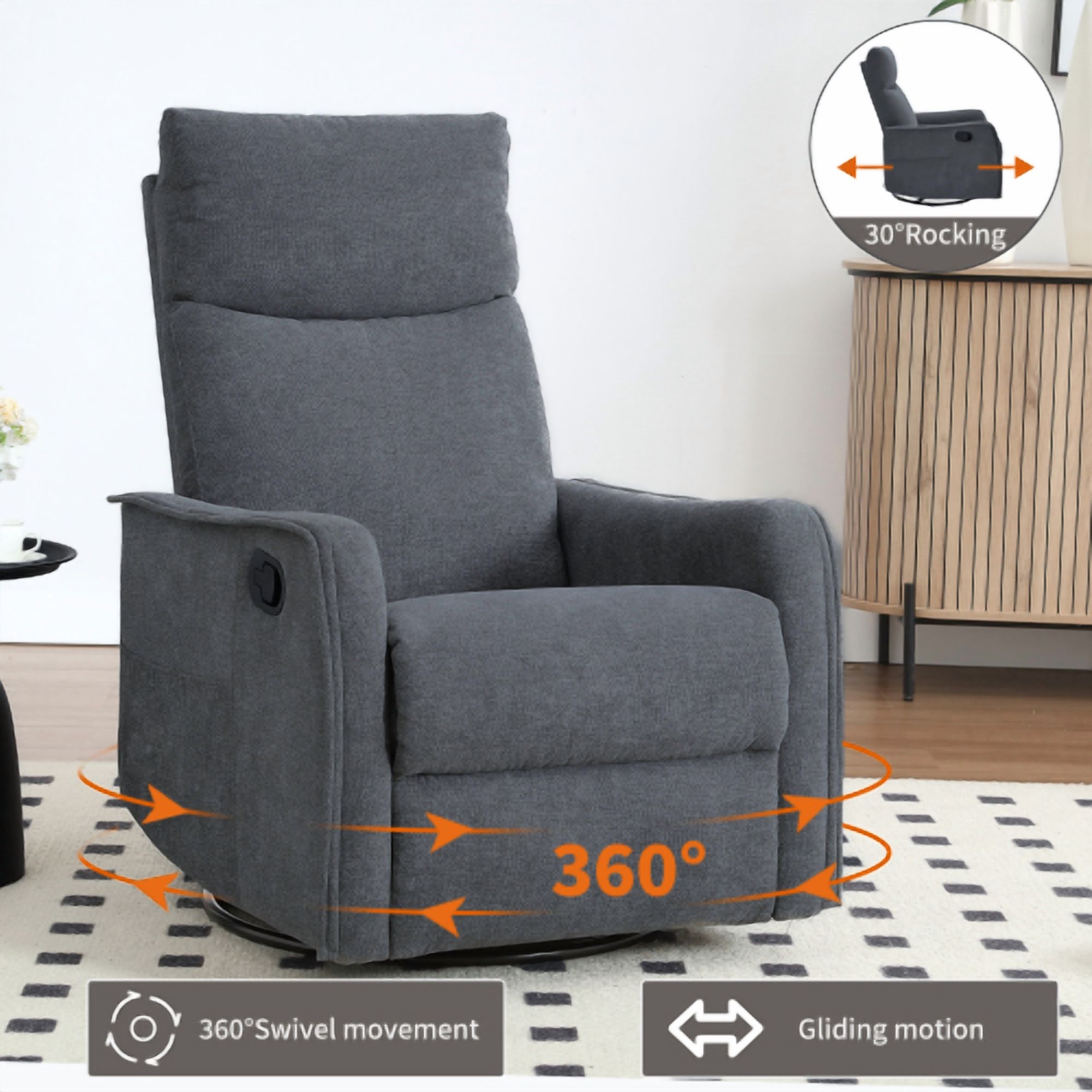 Leumius Recliner Chair with Massage and Heat,360° Manual Swivel Rocker Chair for Adults,Upholstered Fabric Glider Recliner Nursery Chair with Side Pockets for Living Room,Dark Gray