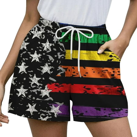Outfmvch American Flag Shorts shorts for Woman swim Trunks athletic Shorts gym Shorts independence Day Patterns Casual Elastic Waist Short Pants 4 of July Shorts with Pocket Black XL