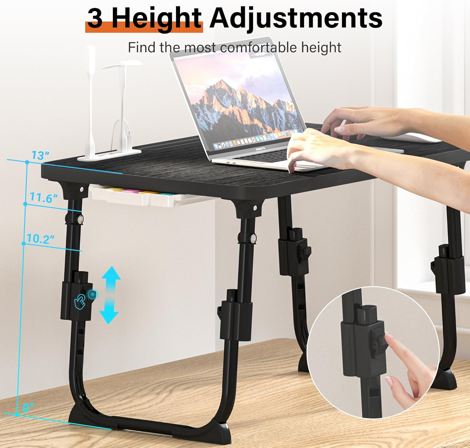 Laptop Desk for Bed Height Adjustable, Lap Bed Table with USB/Storage Drawer/Cup Holder/Tablet Stand/Book Shelf, Foldable Breakfast Tray Portable for Reading Writing, Bed, Sofa & Floor, Black
