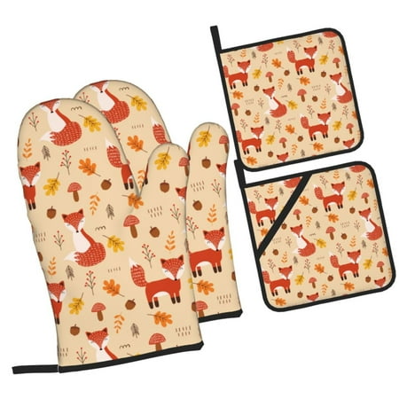 

Honeii Cute Foxes Pattern Oven Mitts and Pot Holders Silicone Oven Gloves 500 F Heat Resistant Oven Mitts Sets 4PCS