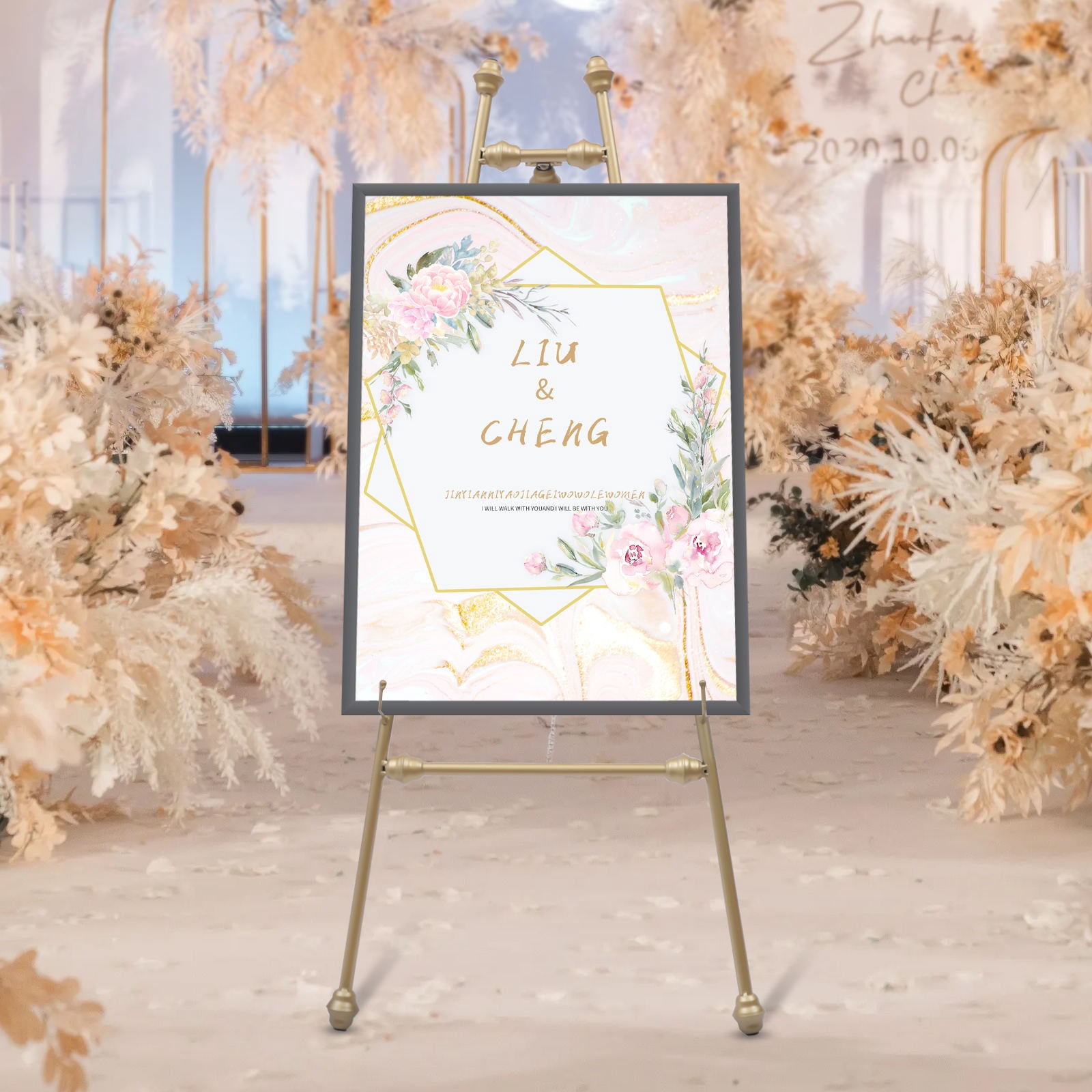 Wuzstar 2 Pcs Metal Floor Easel Stand Portable Golden Wedding Tripod Stand with Adjustable Hooks,46.5" Tall
