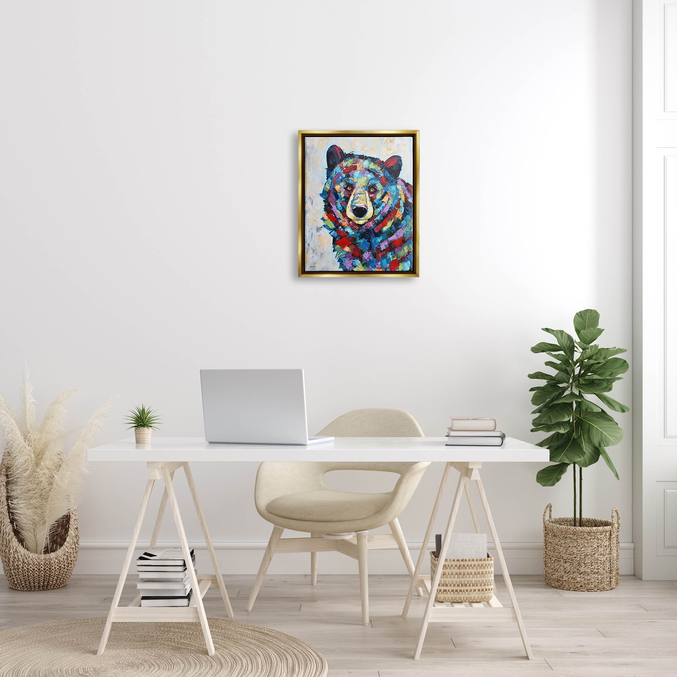 Geometric Hued Abstract Bear Animals & Insects Painting Metallic Gold Framed Art Print Wall Art