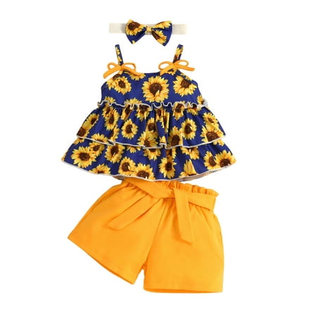 

MissiMae Infant Girls Summer Clothes Suits Sunflower Print Ruffles Sling Tank Tops Solid Color Shorts with Belt Bow Headband 3Pcs Sets 3-24M