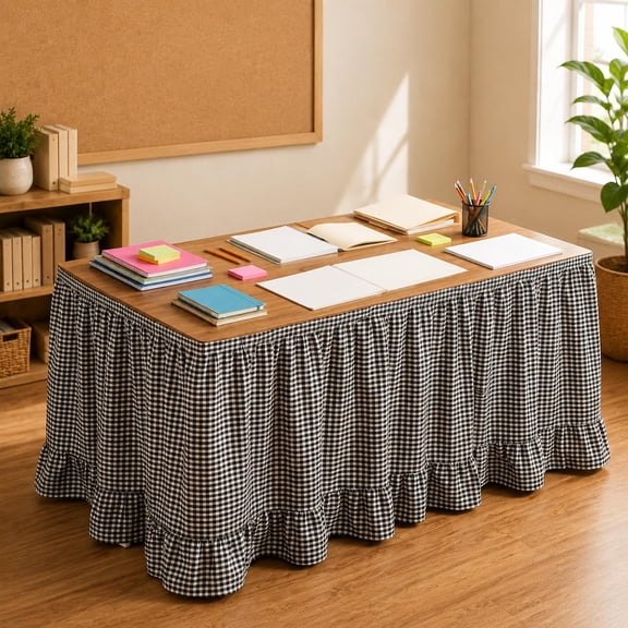 Gingham Desk Skirt, Ruffled Plaid Table Skirt Decor, Decorative Cover for Desk, Classroom & Home