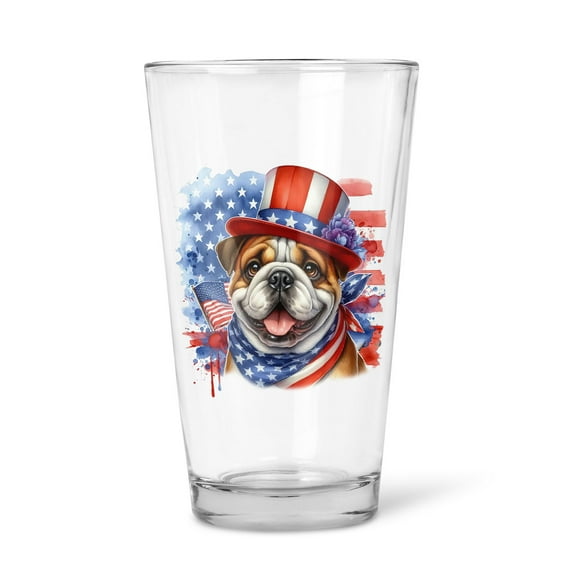 Patriotic Bulldog Celebrates 4th of July 16oz Pint Beer Glass Mug Dog Lover Gifts Idea Beer Glasses Cup - 02009