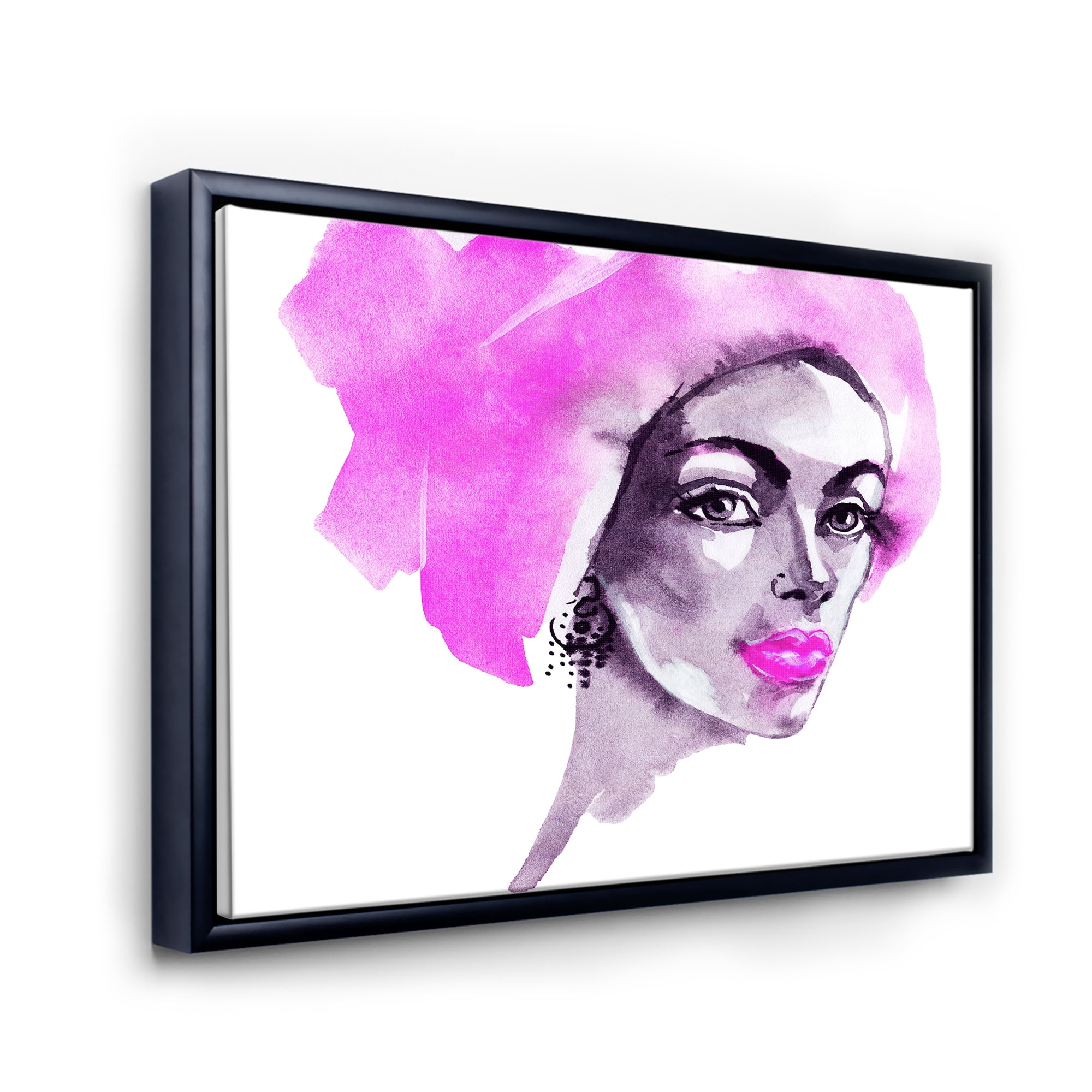 Designart 'Afro American Pink Woman Fashion Portrait' Modern Framed Canvas Wall Art Print