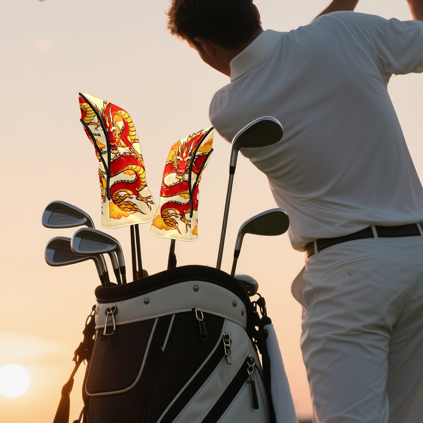 Golf Club Covers, Dragon Yellow Premium PU Leather Driver Hybrid Putter Head Covers with Velvet Lining, Waterproof Golf Gifts for Men Women