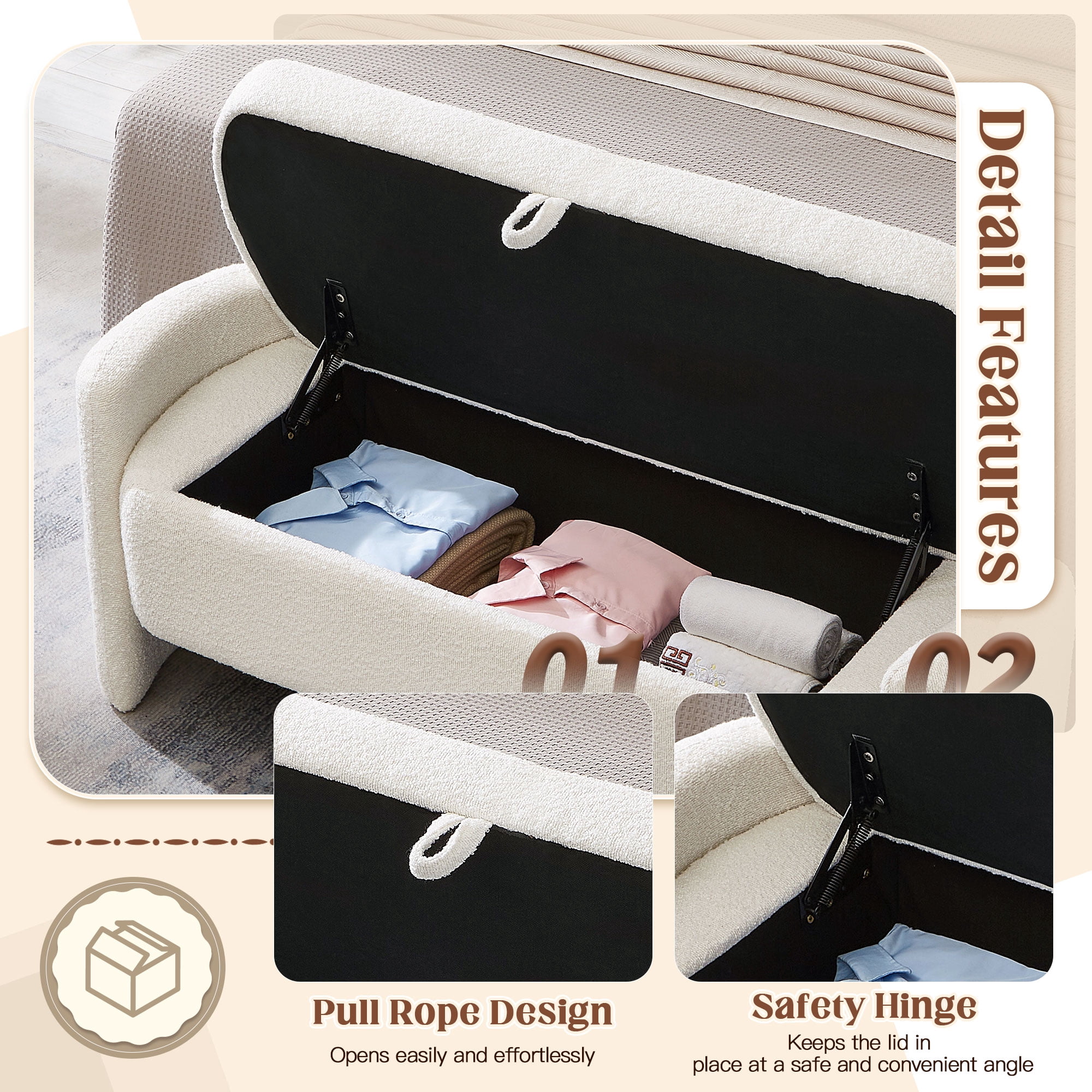 Lunale 41.73" End of Bed Storage Bench, Teddy Upholstered Storage Ottoman Benches for Bedroom, Beige